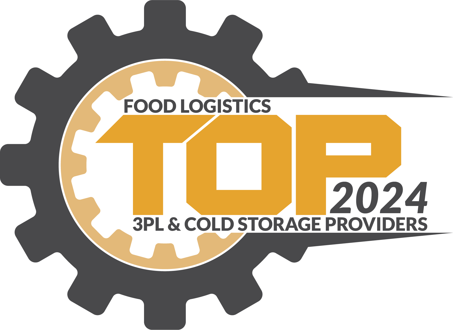 Food Logistics Top 3PL and Cold Storage Providers 2024 award badge featuring gear and bold typography